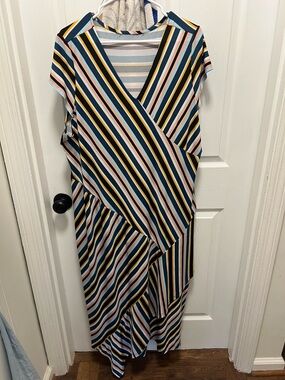 Striped Wrap-Style Midi Dress in Blue, Pink & Yellow